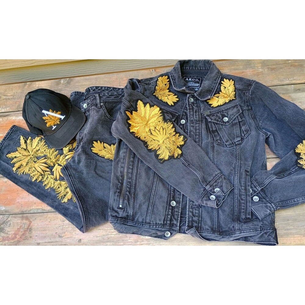 AKOO Black Denim Embroidered Jacket Jeans Hat Sz Large 36 Street Wear Urban Lux